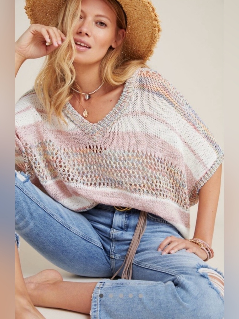 Anthropologie Akemi + Kin Sonoma Pullover- Open Knit Boho V Neck Poncho